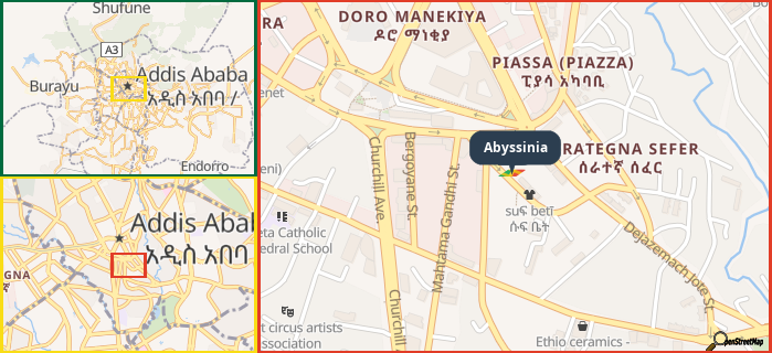 Map showing the address of Abyssinia in three different zoom levels.