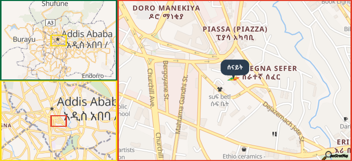 Map showing the address of ሰናይት in three different zoom levels.