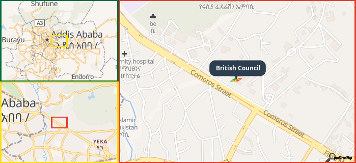 Map showing the address of British Council in three different zoom levels.