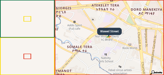 Map showing the address of Wawel Street in three different zoom levels.