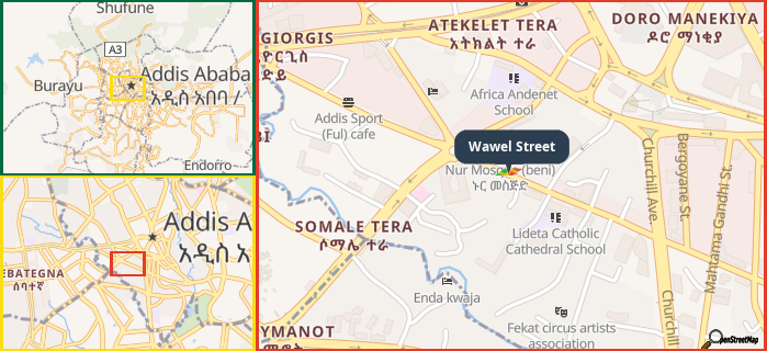 Map showing the address of Wawel Street in three different zoom levels.