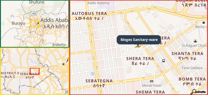 Map showing the address of Moges Sanitary-ware in three different zoom levels.