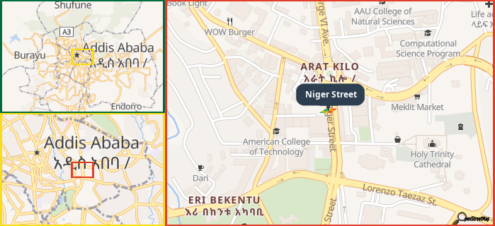 Map showing the address of Niger Street in three different zoom levels.