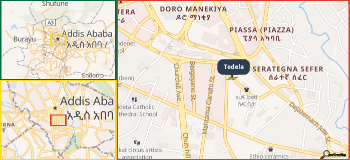 Map showing the address of Tedela in three different zoom levels.