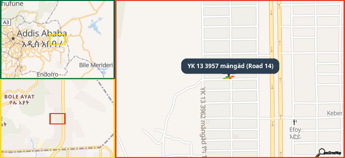 Map showing the address of YK 13 3957 mängäd (Road 14) in three different zoom levels.