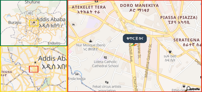 Map showing the address of ቁጥር ፰ ቡና in three different zoom levels.