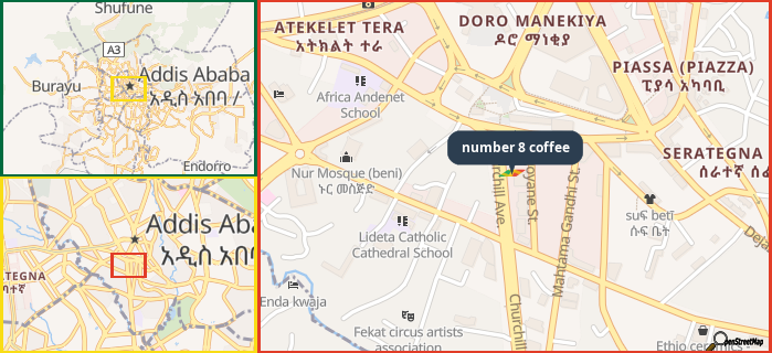 Map showing the address of number 8 coffee in three different zoom levels.