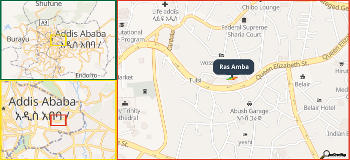 Map showing the address of Ras Amba in three different zoom levels.