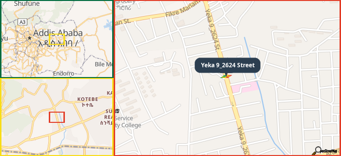 Map showing the address of Yeka 9_2624 Street in three different zoom levels.