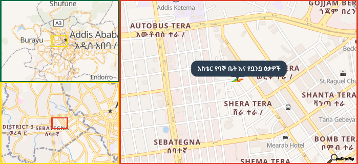Map showing the address of አስቴር የባኞ ቤት እና የቧንቧ ዕቃዎች in three different zoom levels.