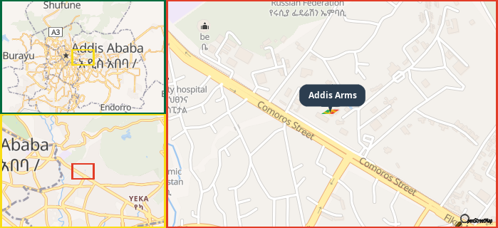 Map showing the address of Addis Arms in three different zoom levels.