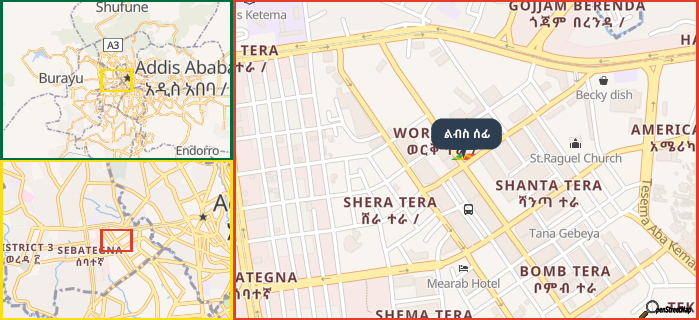 Map showing the address of ልብስ ሰፊ in three different zoom levels.