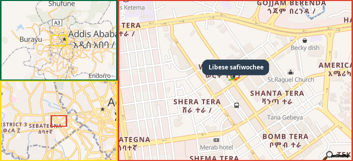 Map showing the address of Libese safiwochee in three different zoom levels.