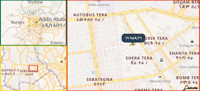 Map showing the address of ነባ ትሬዲንግ in three different zoom levels.