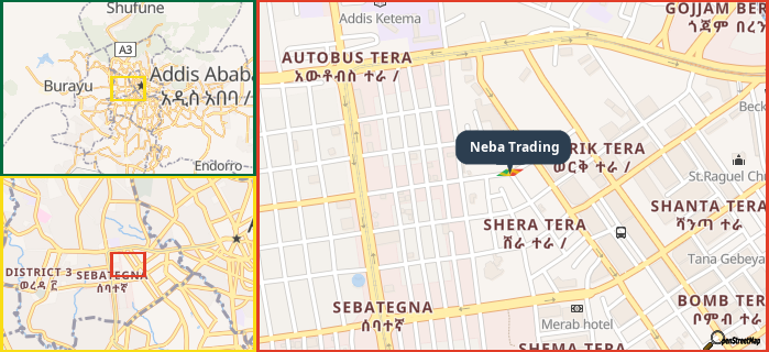 Map showing the address of Neba Trading in three different zoom levels.