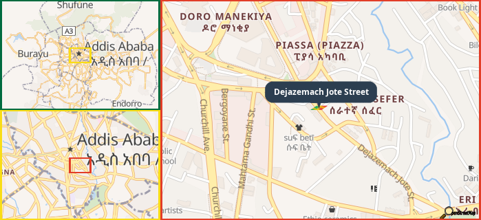 Map showing the address of Dejazemach Jote Street in three different zoom levels.
