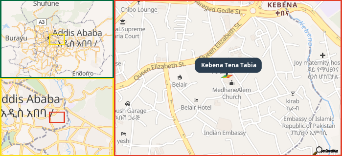 Map showing the address of Kebena Tena Tabia in three different zoom levels.