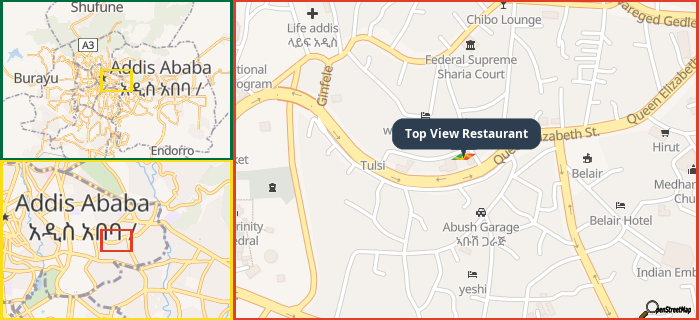 Map showing the address of Top View Restaurant in three different zoom levels.