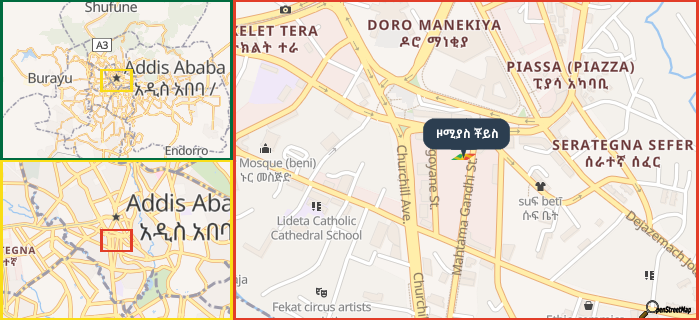 Map showing the address of ዞሚያስ ቾይስ in three different zoom levels.