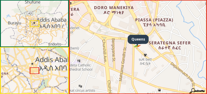 Map showing the address of Queens in three different zoom levels.