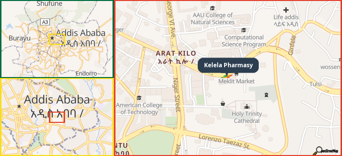 Map showing the address of Kelela Pharmasy in three different zoom levels.