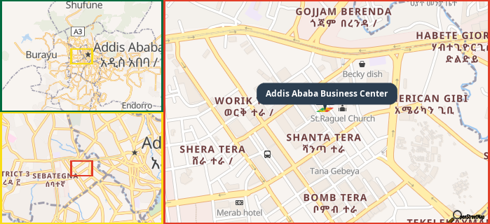 Map showing the address of Addis Ababa Business Center in three different zoom levels.