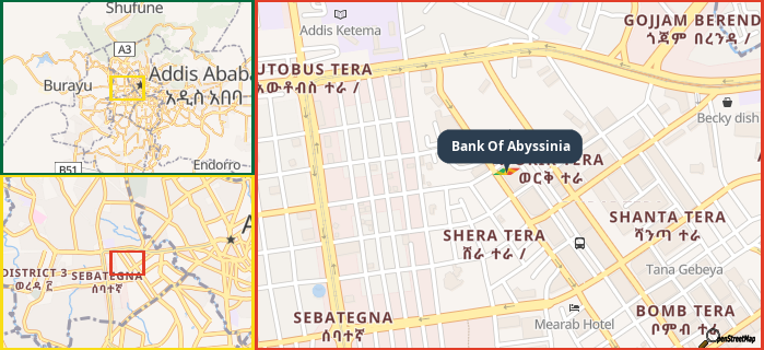 Map showing the address of Bank Of Abyssinia in three different zoom levels.