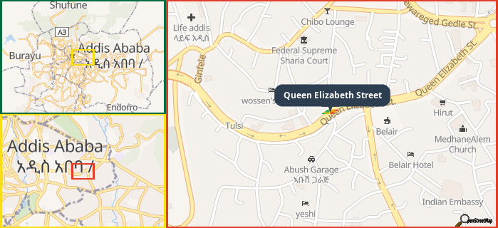 Map showing the address of Queen Elizabeth Street in three different zoom levels.