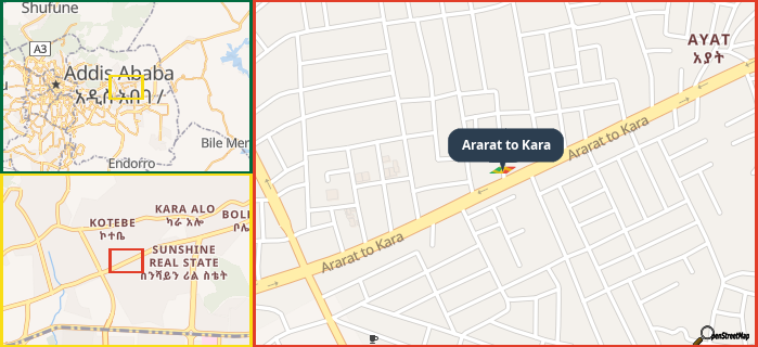 Map showing the address of Ararat to Kara in three different zoom levels.