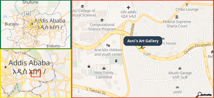 Map showing the address of Asni's Art Gallery in three different zoom levels.