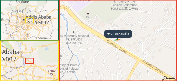 Map showing the address of ምናብ car audio in three different zoom levels.
