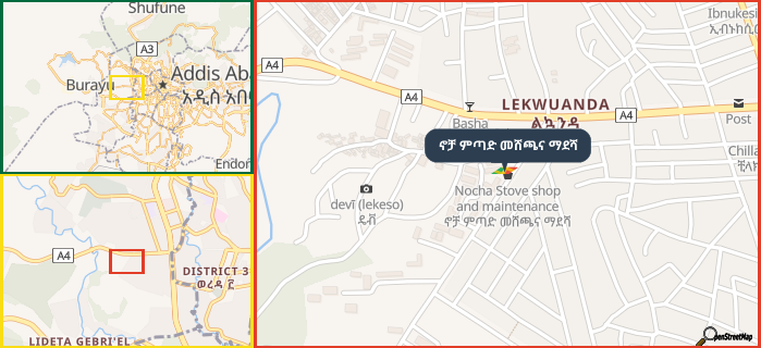 Map showing the address of ኖቻ ምጣድ መሸጫና ማደሻ in three different zoom levels.