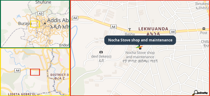 Map showing the address of Nocha Stove shop and maintenance in three different zoom levels.