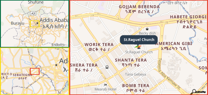 Map showing the address of St.Raguel Church in three different zoom levels.