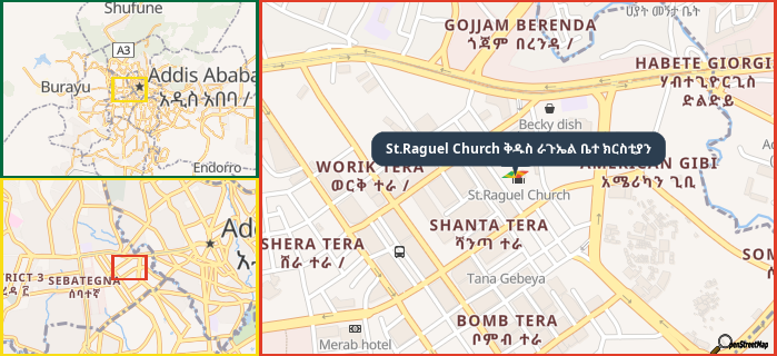 Map showing the address of St.Raguel Church ቅዱስ ራጉኤል ቤተ ክርስቲያን in three different zoom levels.