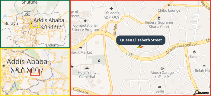 Map showing the address of Queen Elizabeth Street in three different zoom levels.