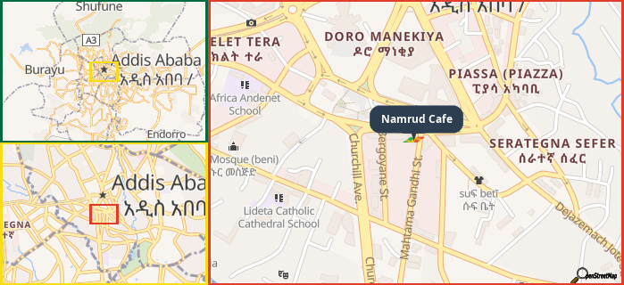 Map showing the address of Namrud Cafe in three different zoom levels.