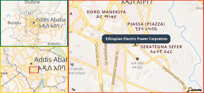 Map showing the address of Ethiopian Electric Power Corpration in three different zoom levels.