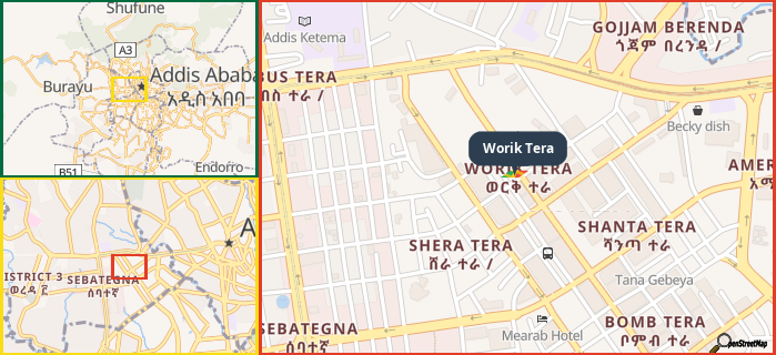 Map showing the address of Worik Tera in three different zoom levels.