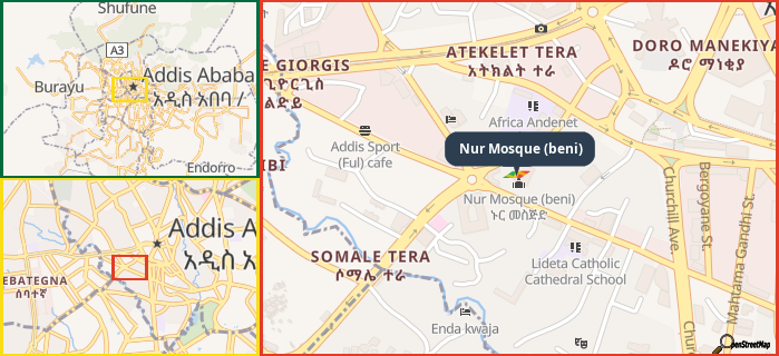 Map showing the address of Nur Mosque (beni) in three different zoom levels.