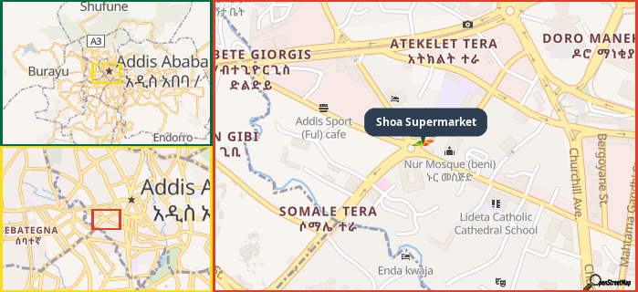 Map showing the address of Shoa Supermarket in three different zoom levels.