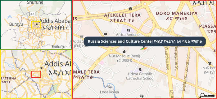 Map showing the address of Russia Sciences and Culture Center የሩሲያ የሳይንስ እና ባህል ማዕከል in three different zoom levels.