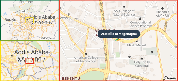 Map showing the address of Arat Kilo to Megenagna in three different zoom levels.