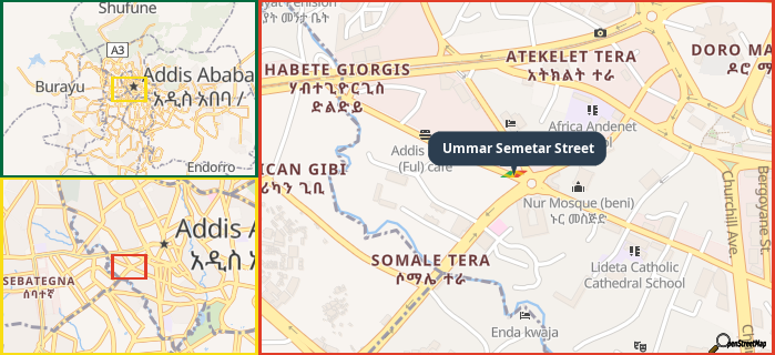 Map showing the address of Ummar Semetar Street in three different zoom levels.