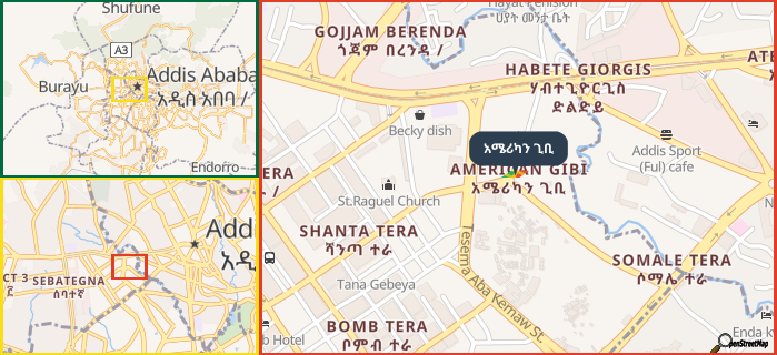 Map showing the address of አሜሪካን ጊቢ in three different zoom levels.
