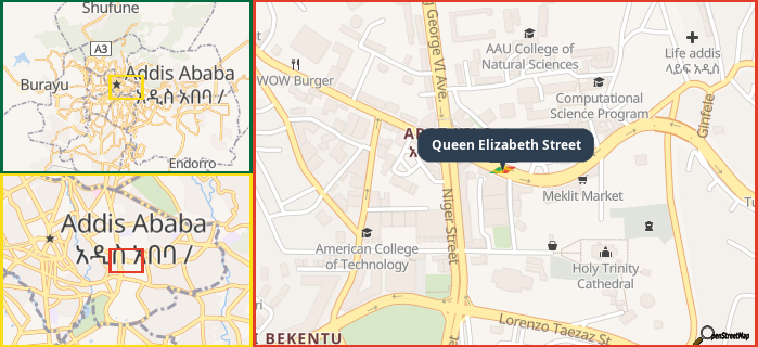 Map showing the address of Queen Elizabeth Street in three different zoom levels.