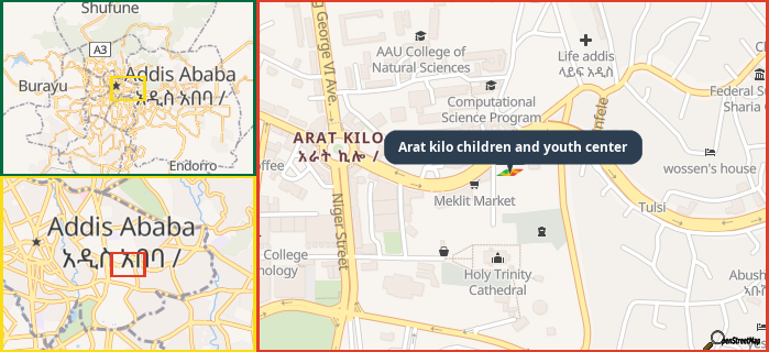 Map showing the address of Arat kilo children and youth center in three different zoom levels.