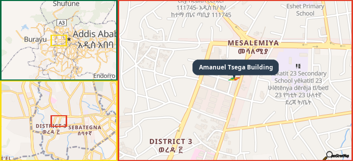 Map showing the address of Amanuel Tsega Building in three different zoom levels.