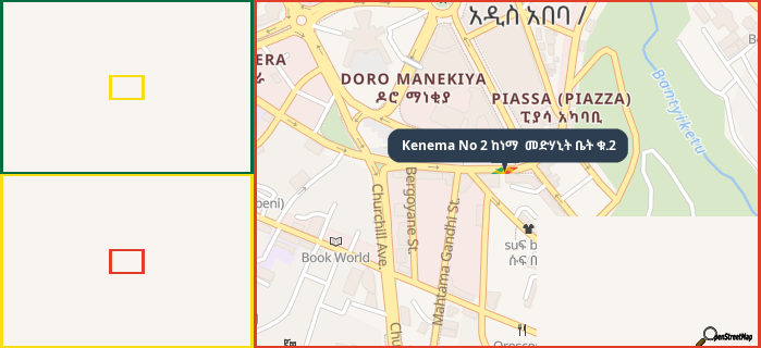 Map showing the address of Kenema No 2 ከነማ  መድሃኒት ቤት ቁ.2 in three different zoom levels.