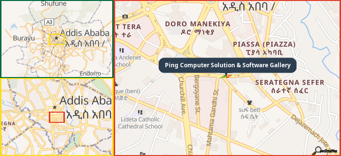 Map showing the address of Ping Computer Solution & Software Gallery in three different zoom levels.